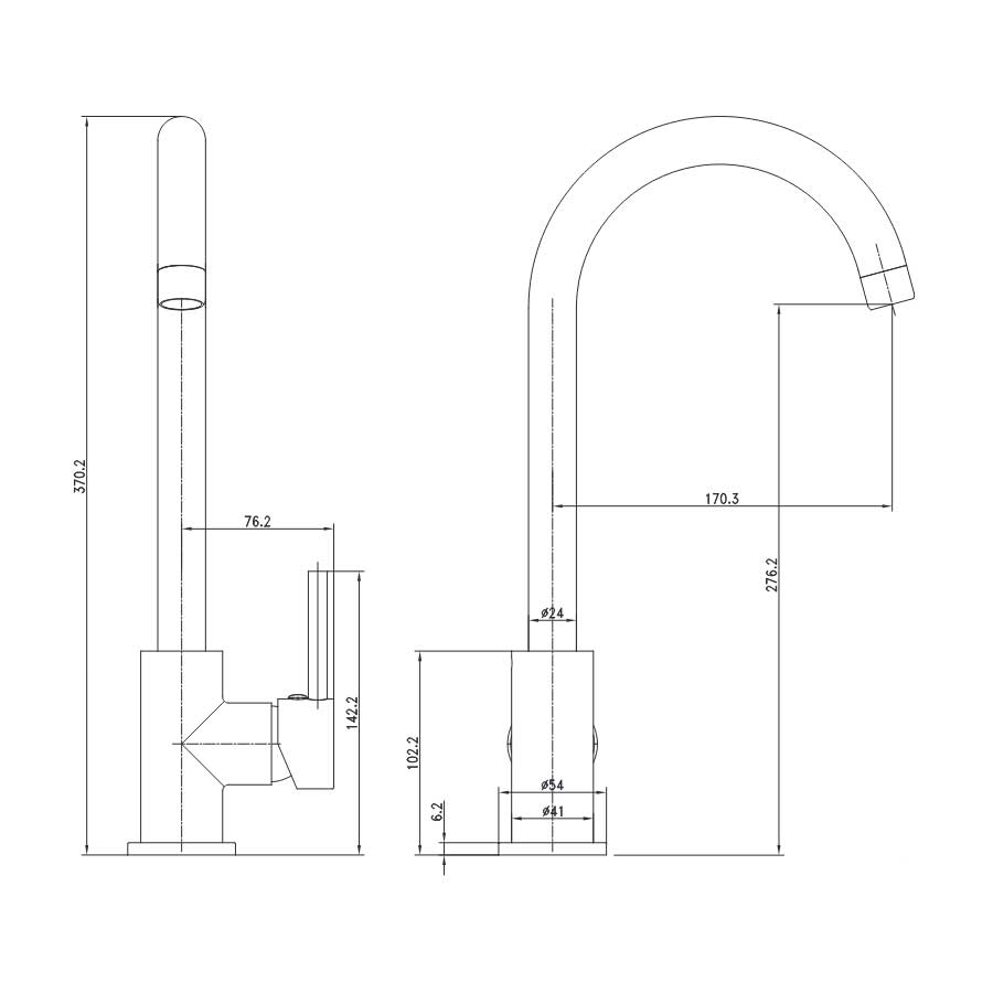 Monobloc Swan Neck Kitchen Sink Mixer Tap Single Lever Chrome dimensions chart