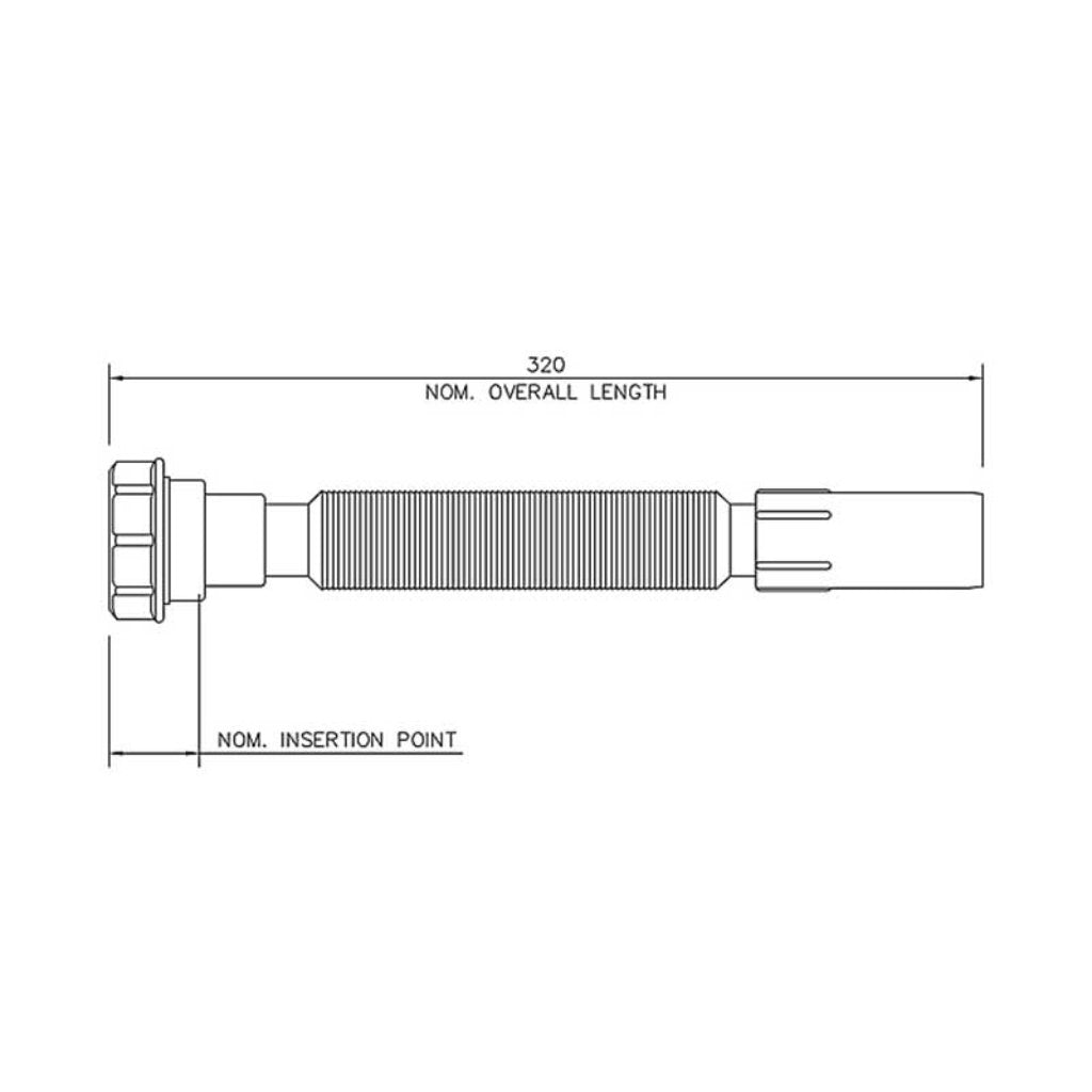 Floplast FT32 White Flexitube Flexible Waste Connector 32mm x 320mm x Plain Spigot dimensions chart