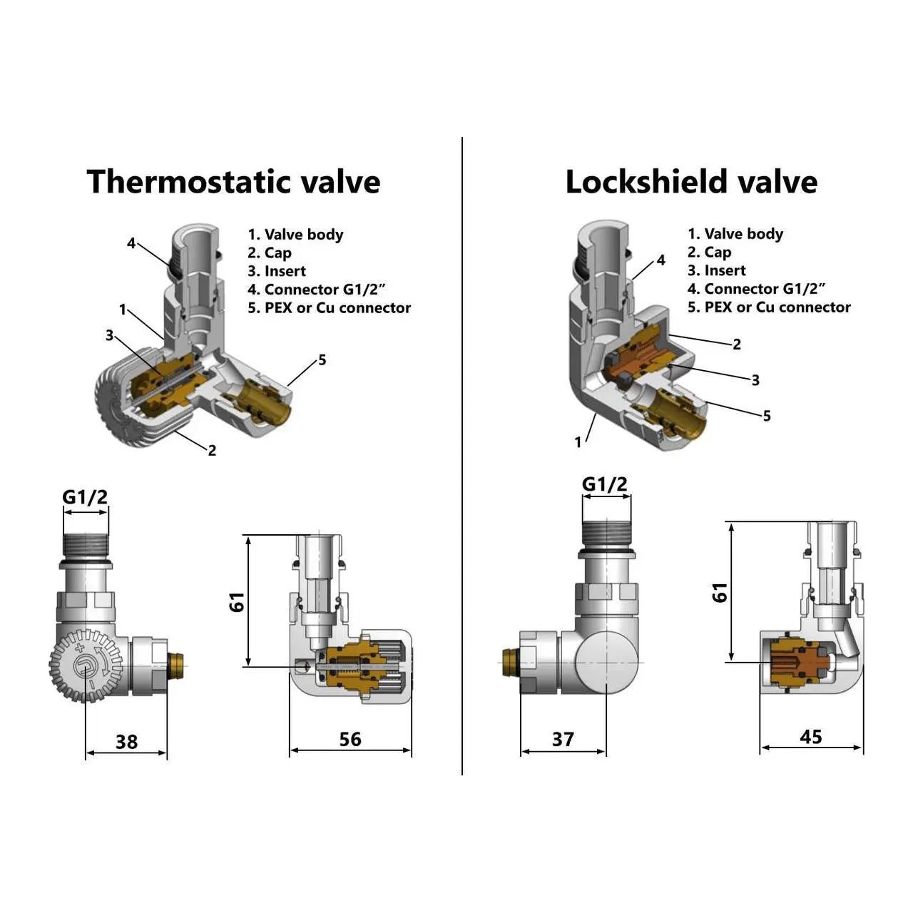 Antique Lockshield Angled Thermostatic Radiator Valve Set Radiator Valves, A120a, A120b, A120c, A120d