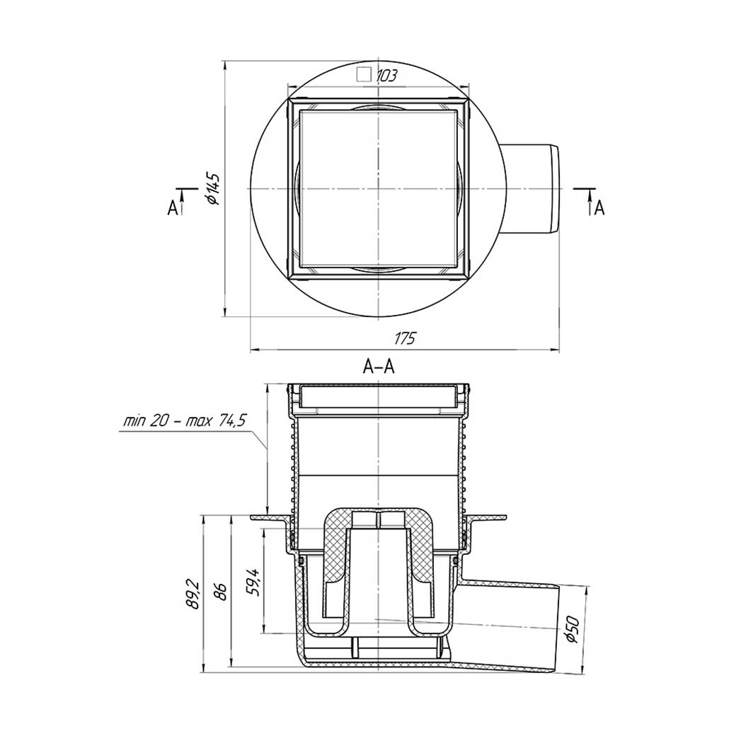 100x100mm Floor Drain Bottle Gully Trap Tiled or Steel Side Outlet 50mm