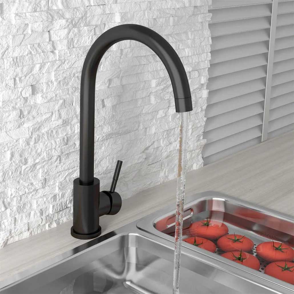 Kitchen Sink Swan Mixer Tap Matt Black WRAS Approved Swivel Installed View