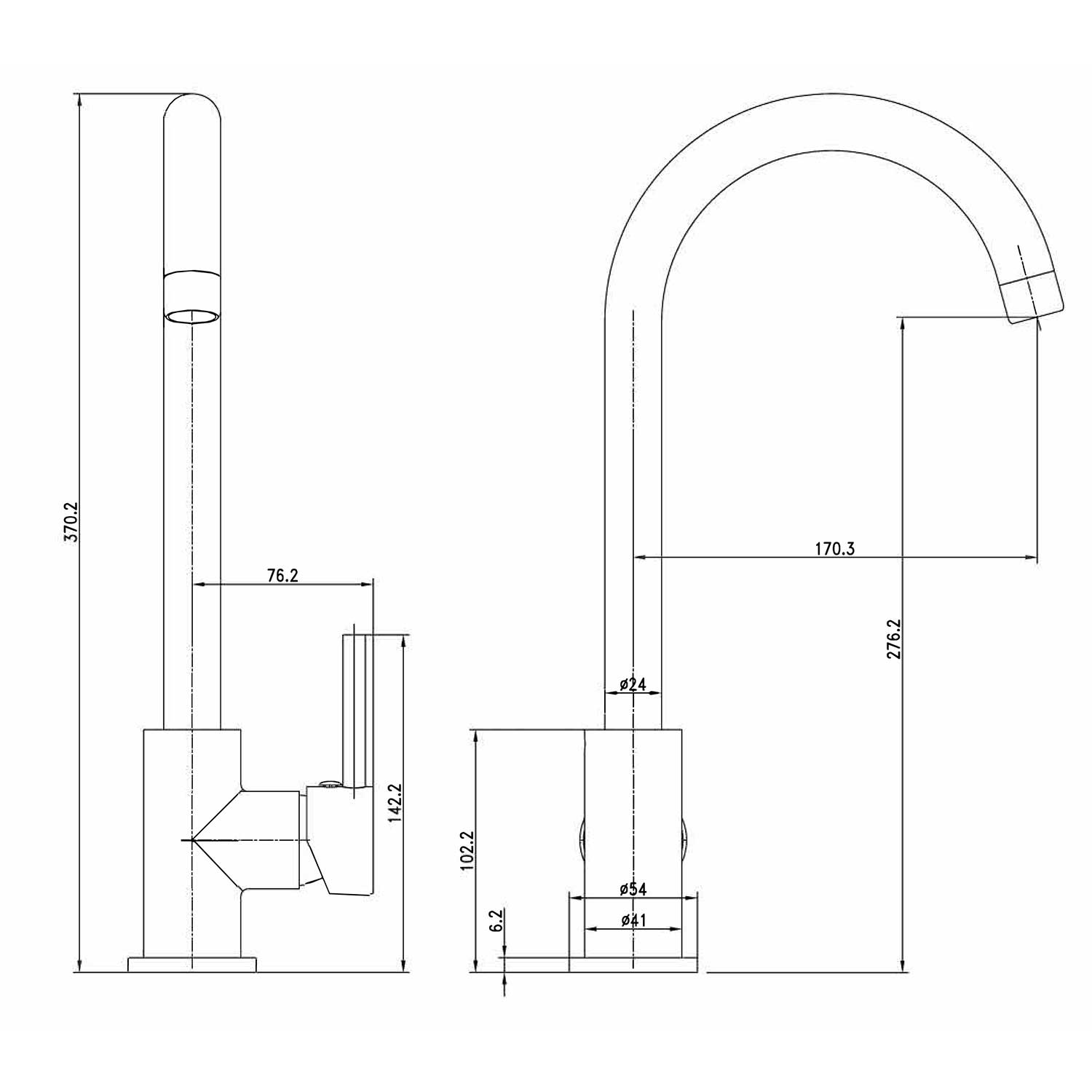 Kitchen Sink Swan Mixer Tap Matt Black WRAS Approved Swivel dimensions chart