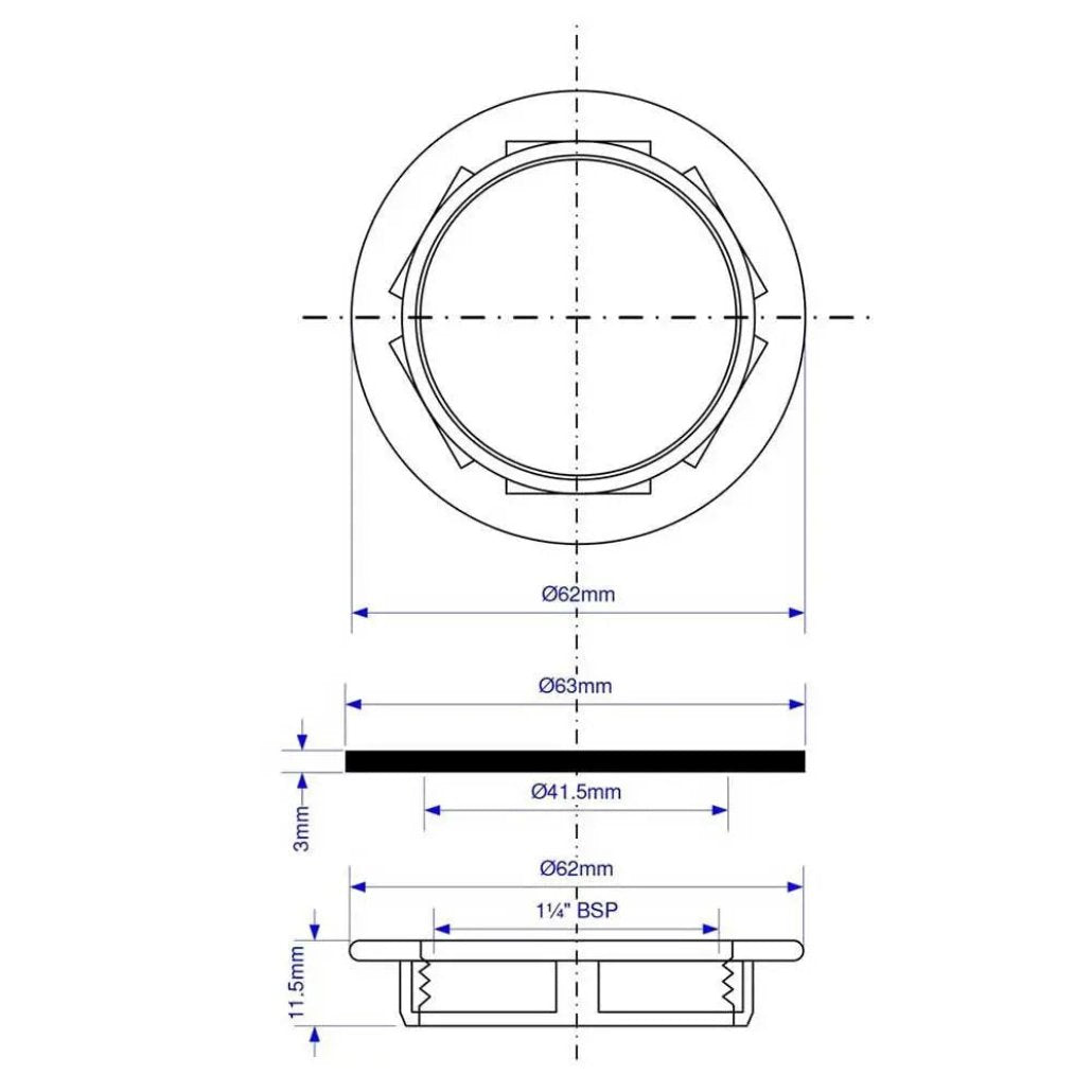 BN1 McAlpine 1.25" Backnut & Rubber Washer Size Dimensions