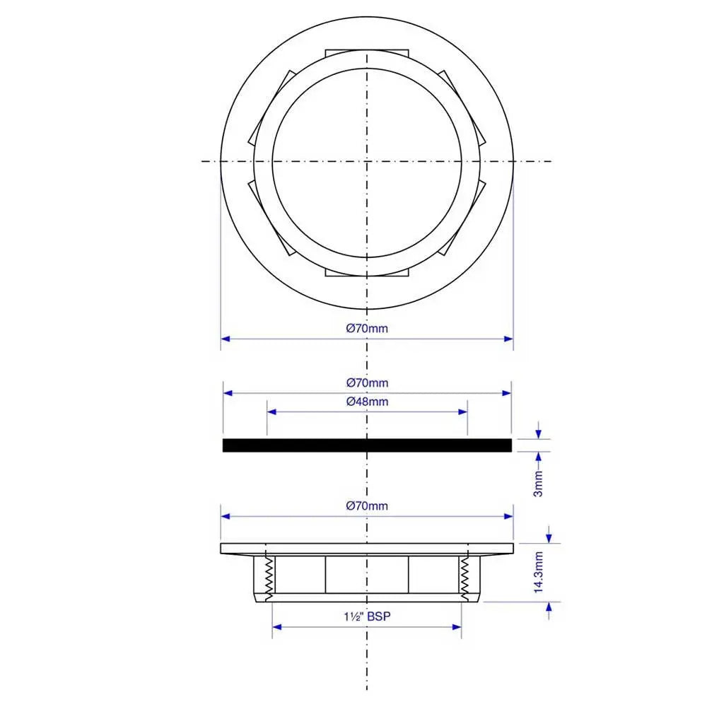 BN2 McAlpine 1.5" Backnut & Rubber Washer Small 70mm Flange Size Dimensions