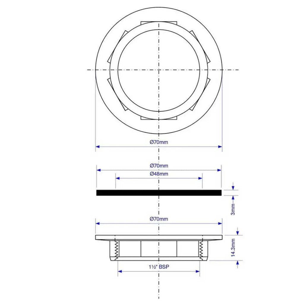 BN2 McAlpine 1.5" Backnut & Rubber Washer Small 70mm Flange Size Dimensions