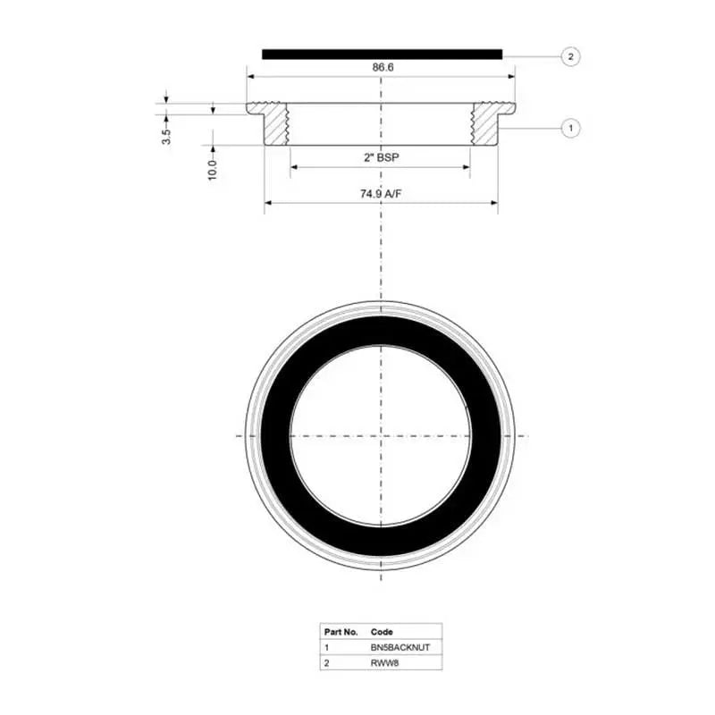 BN5 McAlpine 2" Backnut & Rubber Washer Size Dimensions