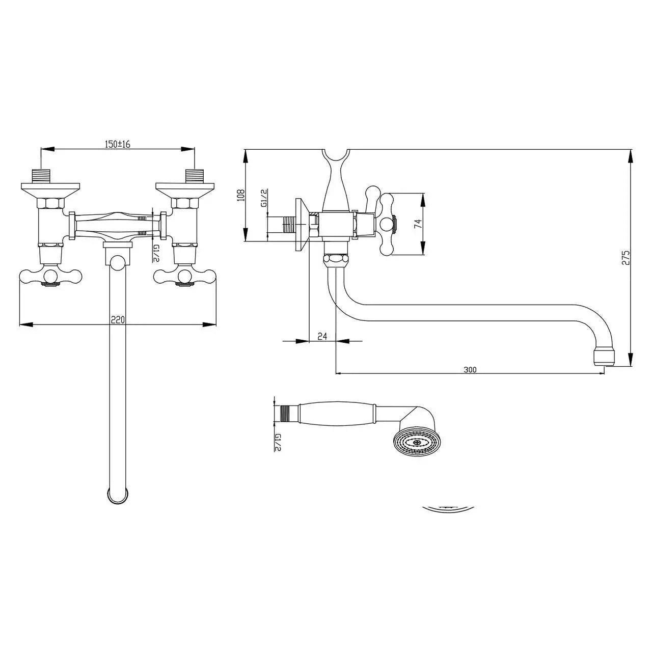 Bath Tap Filler Shower Crosshead Long Spout Wall Mounted - Bath Taps