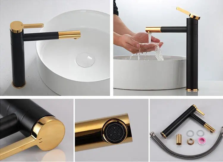 Bathroom Tall Basin Mixer Tap Black Base Gold Finished Basin Taps