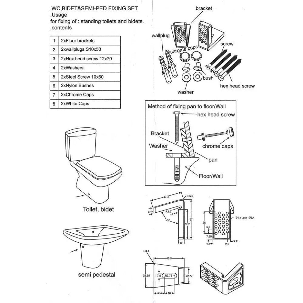 Bidet & Toilet Pan Side Fixing Kit Nuts Bolts and Washers