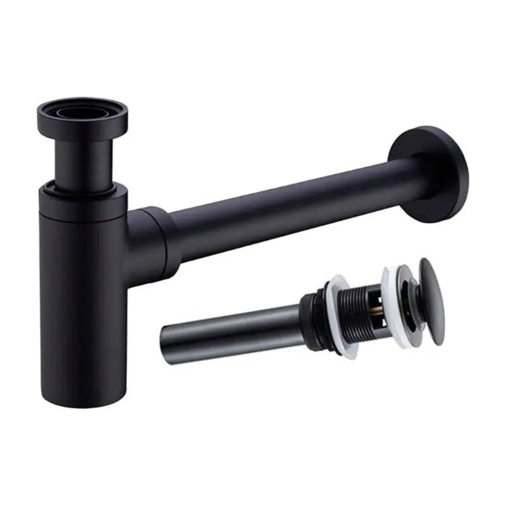 Black Basin Waste Trap + Click-Clack Sink Drain Plug Set Bathroom Sink Waste Traps