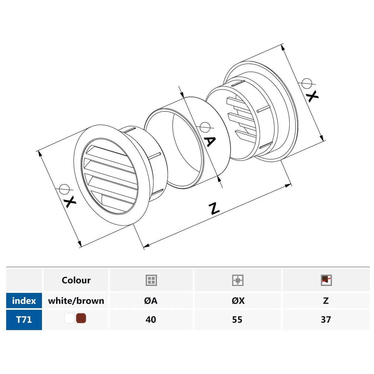 40mm Door Air Ventilation Grille Cover Hole White/Brown Door Vents, A022a, A022b