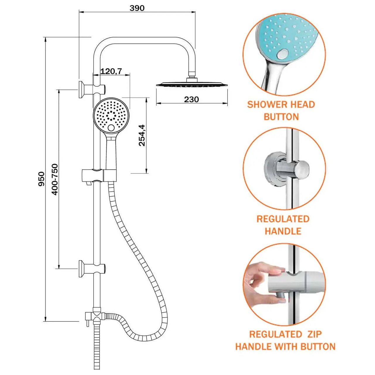 Chrome Stainless Steel Shower Bar Kit Rainfall Riser Rail