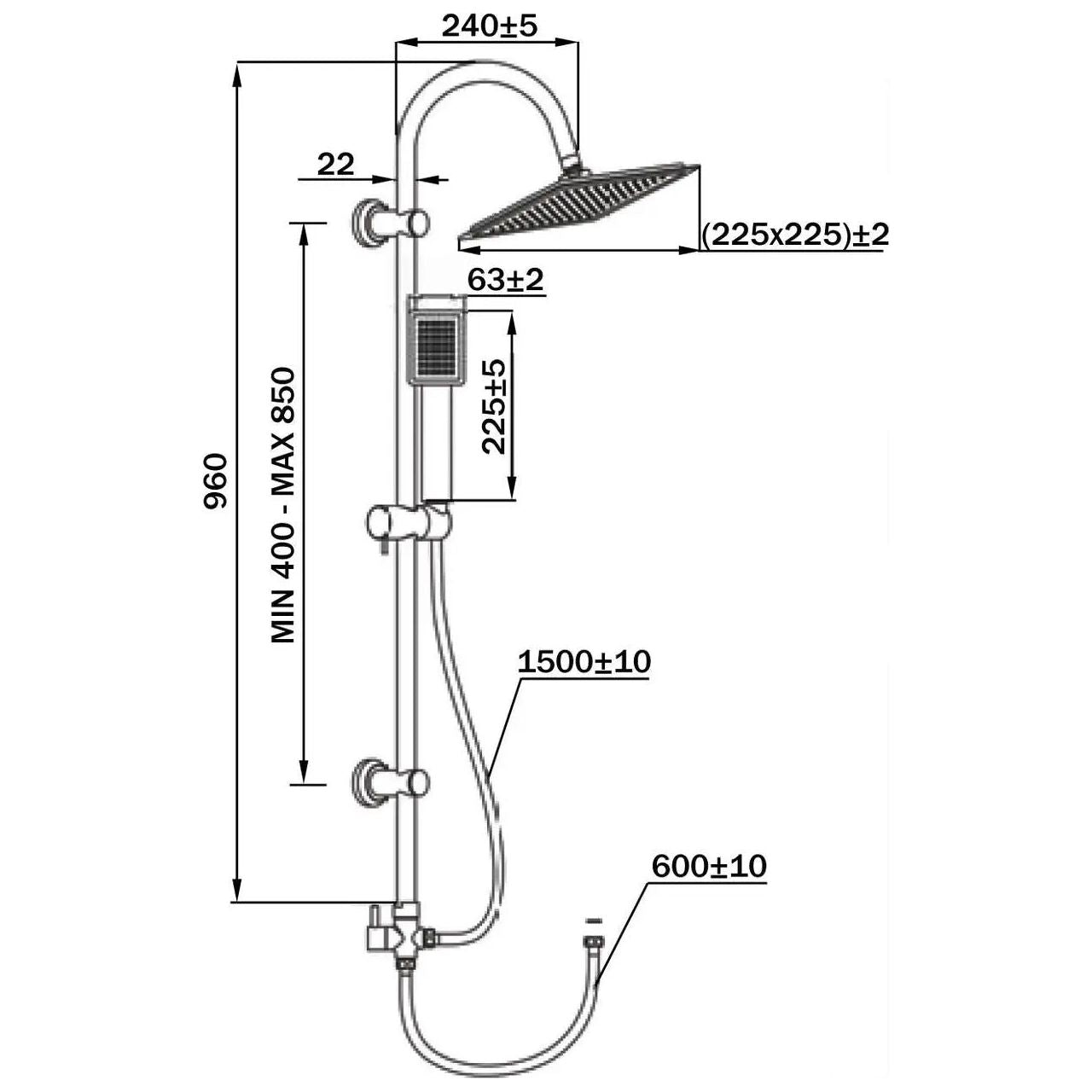 Chrome Stainless Steel Shower Riser Rail Set Square Rainfall Rainfall Showers