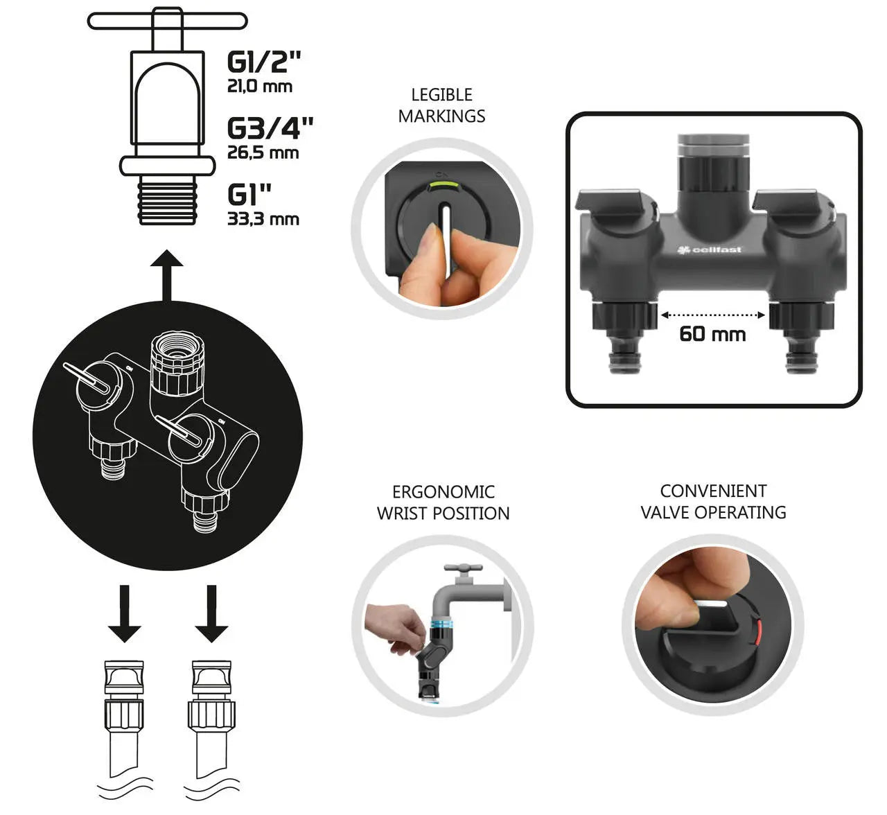 Double Garden Patio Water Distributor 2 Hose Outputs Ergonomic Tap Connectors