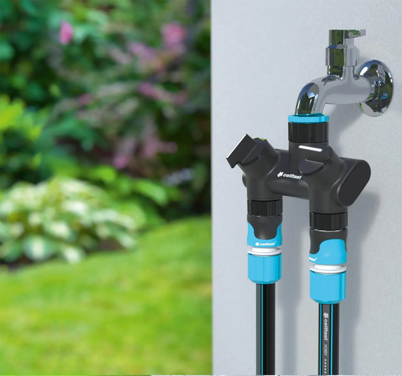 Double Garden Patio Water Distributor 2 Hose Outputs Ergonomic Tap Connectors