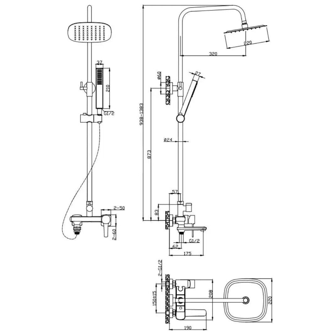 Gold Shower Mixer 2 Way Set Rainfall Shower Head Diverter Rainfall Showers