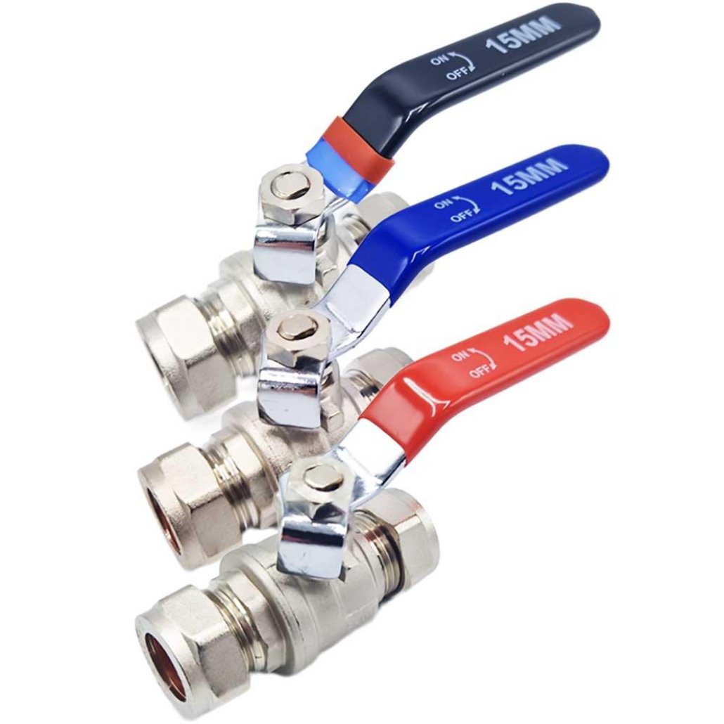 Handle Lever Inline Ball Valve 15mm Compression Red Blue Black - plumbing4home