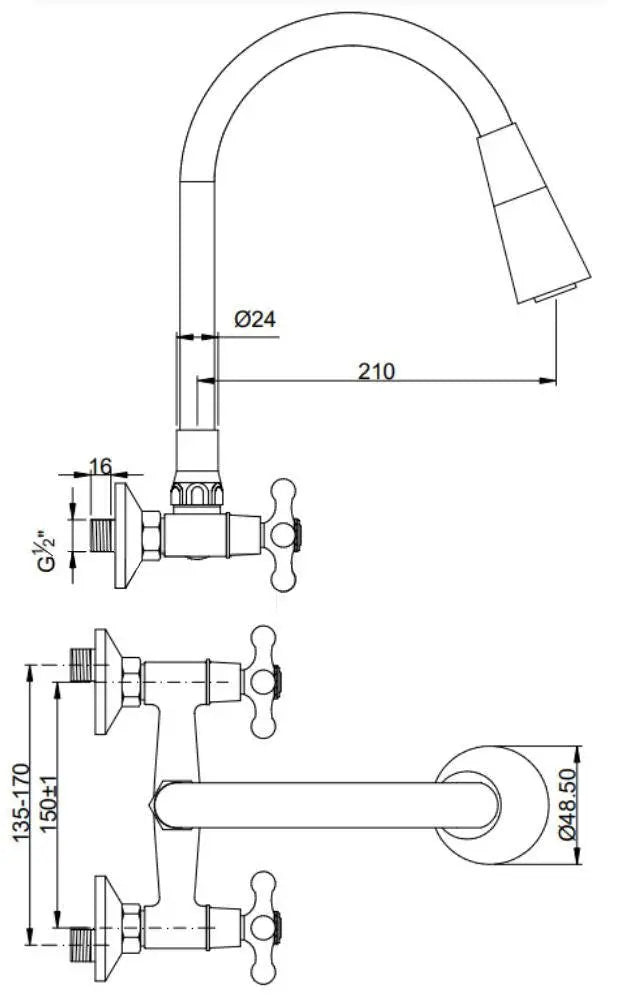 Kitchen Tap Chrome Flexible Spout Wall Mounted Cross Heads Kitchen Taps, A593a, A593b, A593c, A593d,