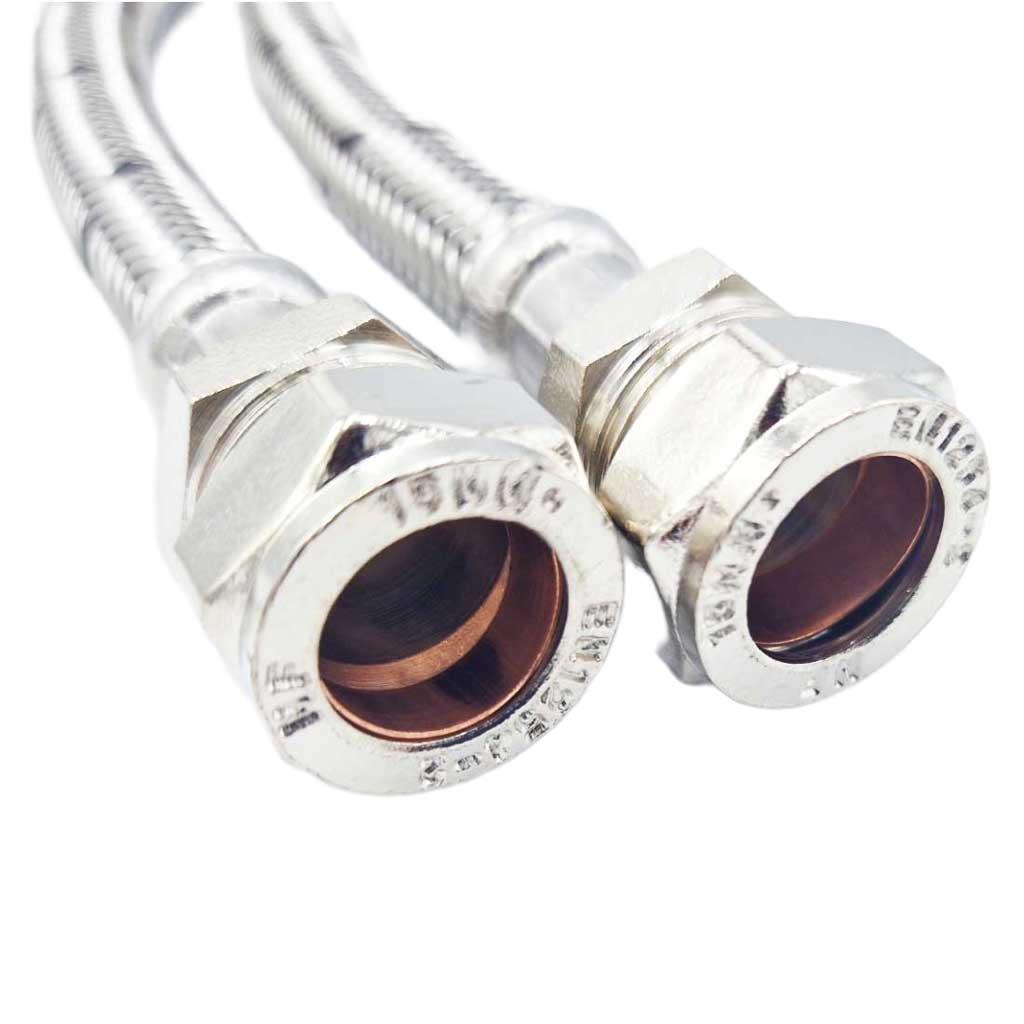 Pair Of Flexible Hose Pipe Connectors Tails 1/2" x 15mm Compression WRAS compression fittings view, A907a, A907b