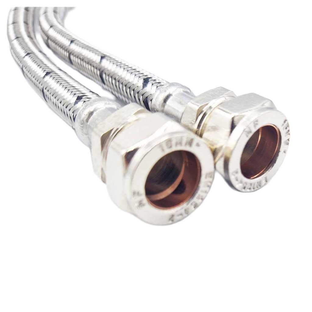 Pair Of Flexible Hose Pipe Connectors Tails 3/4" x 15mm Compression 300mm WRAS compression fitting view