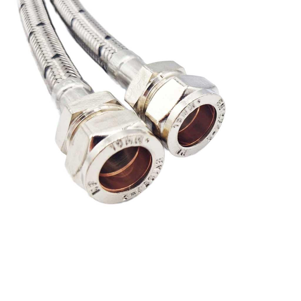 Pair Of Flexible Tap Connectors Tails Monobloc M10 x 15mm Compression 300mm 15mm compression side view