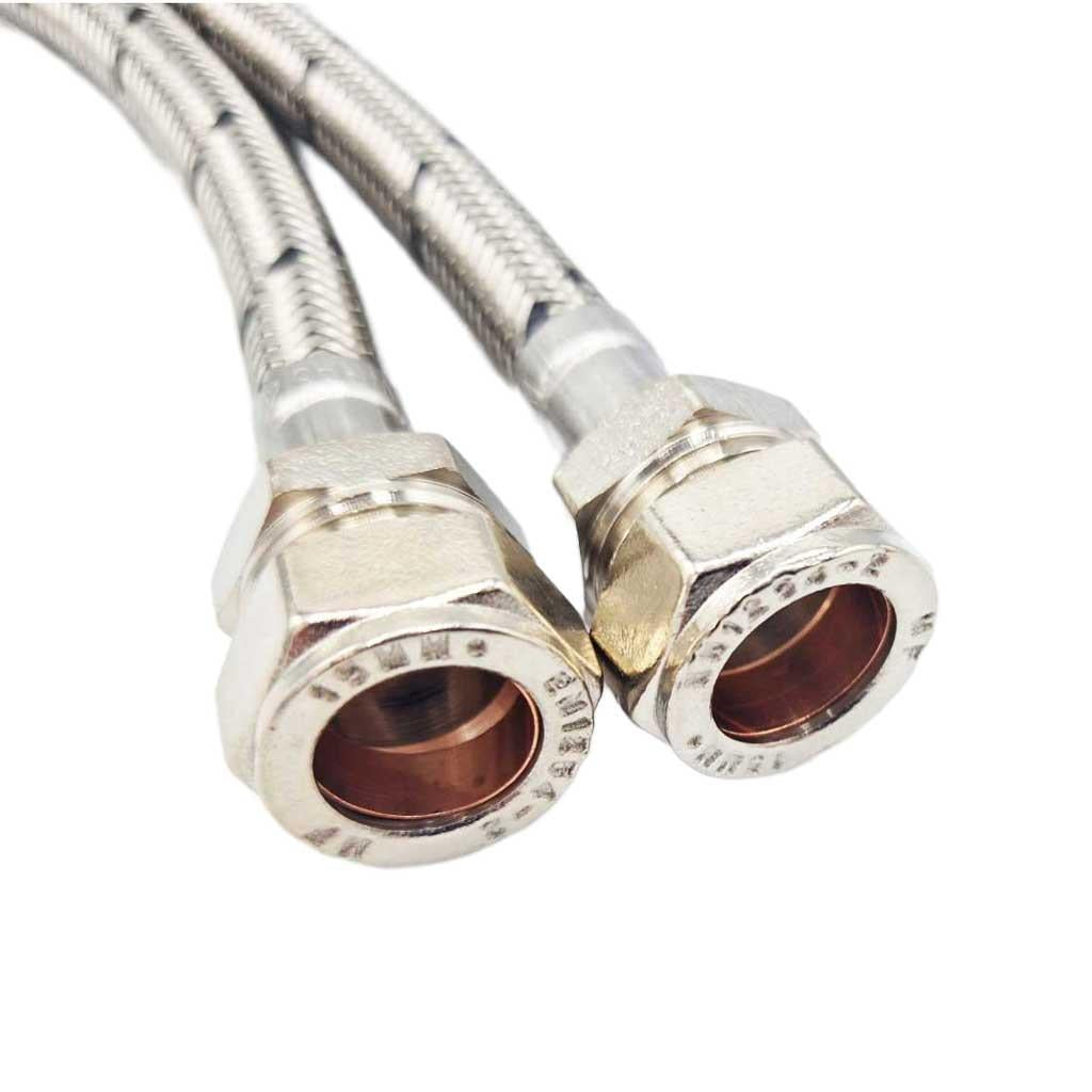 Pair Of Flexible Tap Connectors Tails Monobloc M12 x 15mm Compression 300mm view from compression fittings end