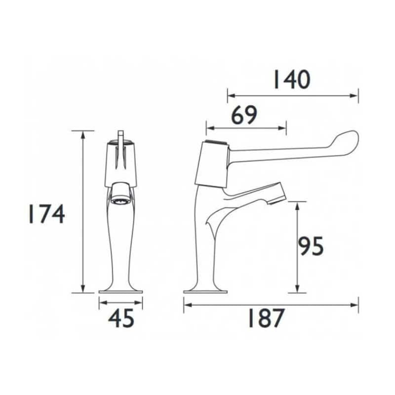 Pair of Contract Lever Kitchen Sink Pillar Taps Chrome WRAS Approved sizes diagram chart