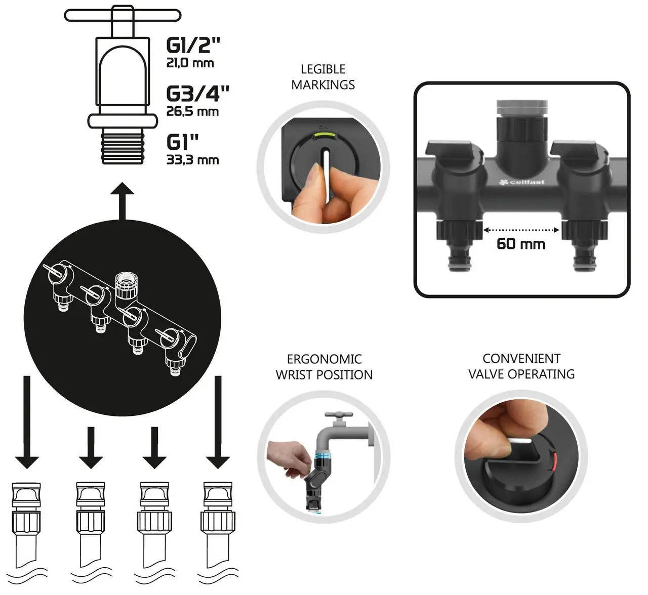 Quad Garden Patio Water Distributor 4 Hose Outputs Ergonomic Tap Connectors