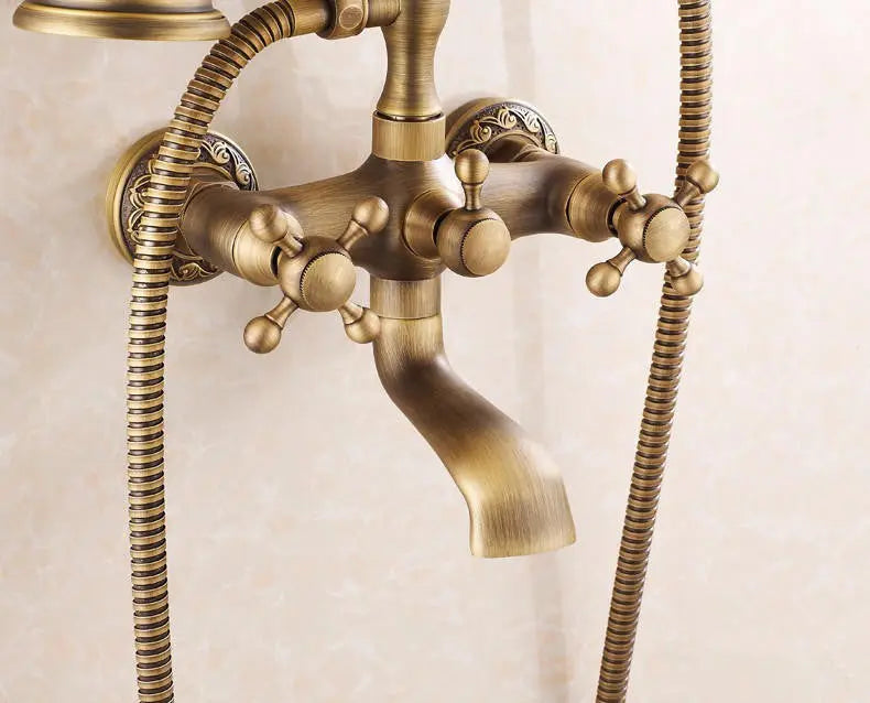 Retro Bath Mixer Tap Antique Brass Wall Mounted With Shower Bath Taps