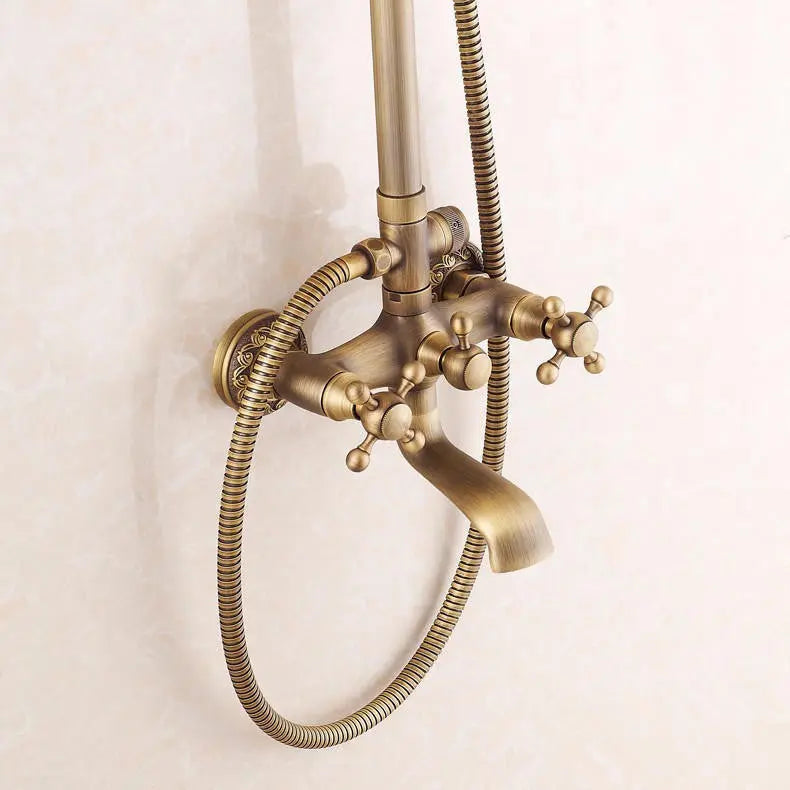 Retro Brushed Bath Shower Mixer Tap Panel Wall Mounted Rainfall Antique Brass