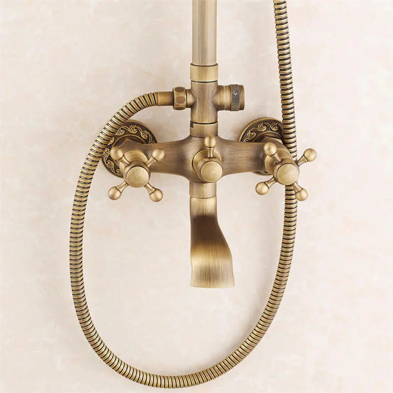 Retro Brushed Bath Shower Mixer Tap Panel Wall Mounted Rainfall Antique Brass