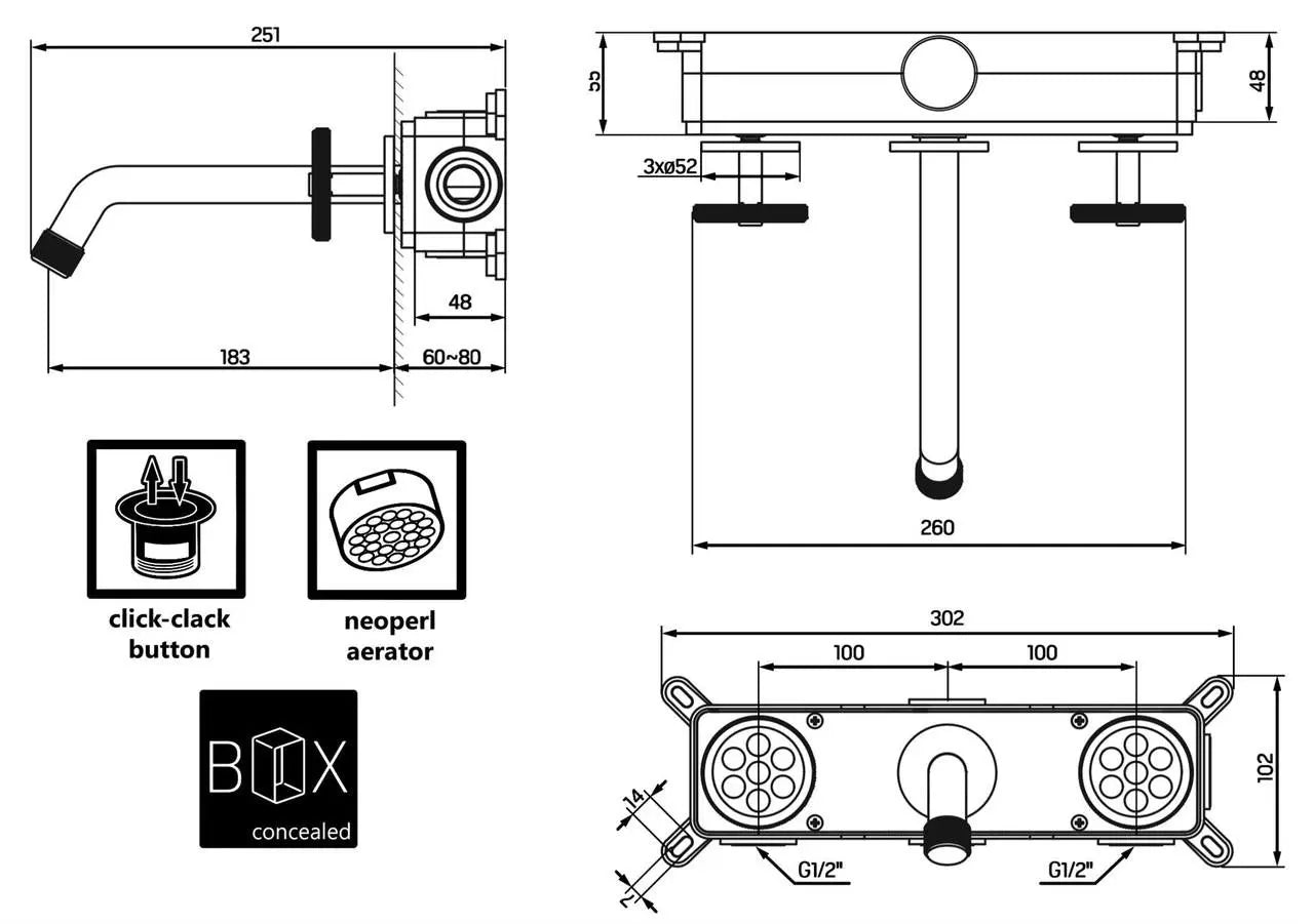 Retro Industrial Concealed Bathroom Mixer Tap Black Two Knobs