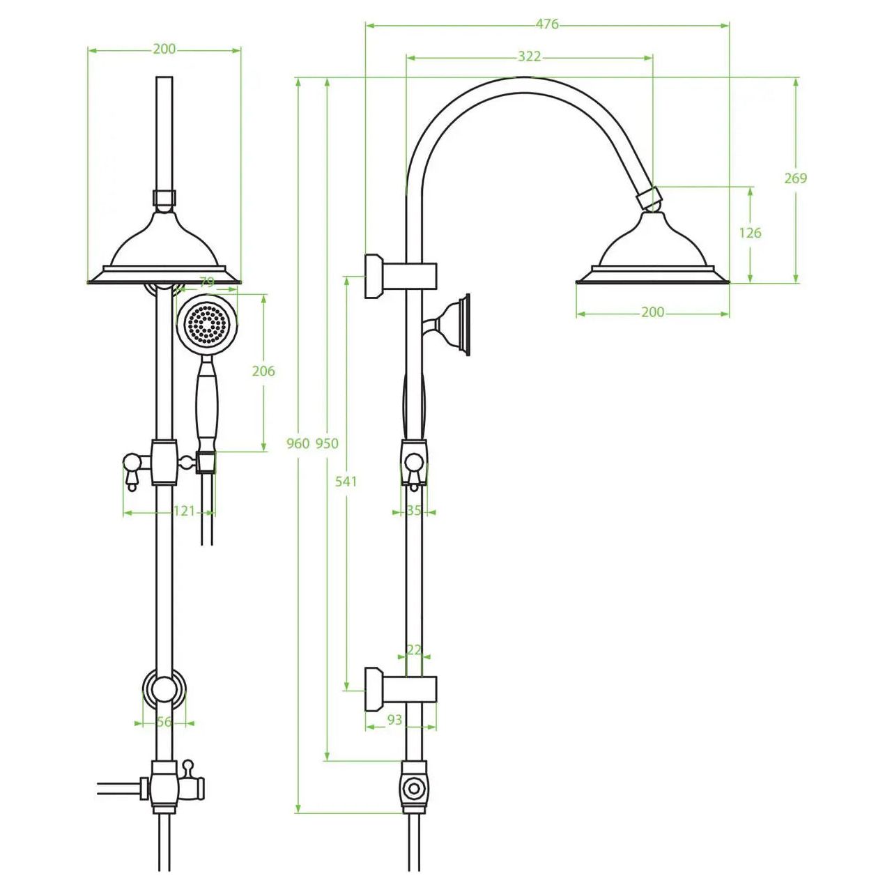 Retro Shower Column Wallmounted Rainfall + Handshower Antique Brass Finishing