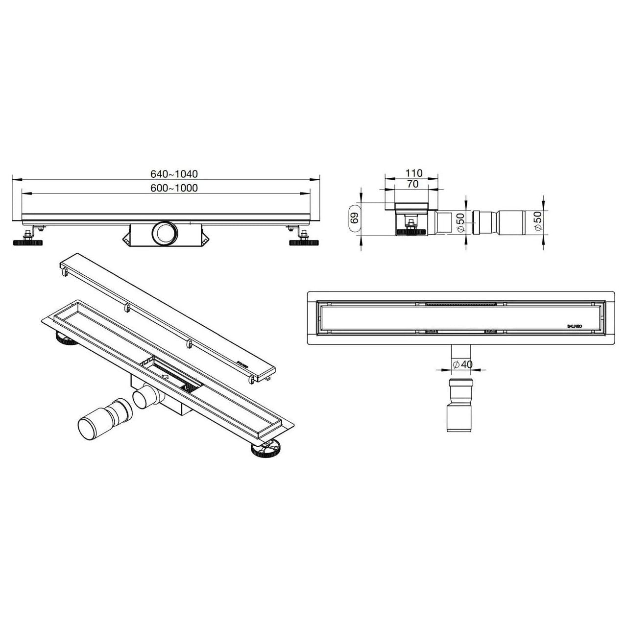 Tempered Glass Panel Floor Linear Shower Channel Drain Black Shower Drain, A550a, A550b, A550c, A550d, A550e