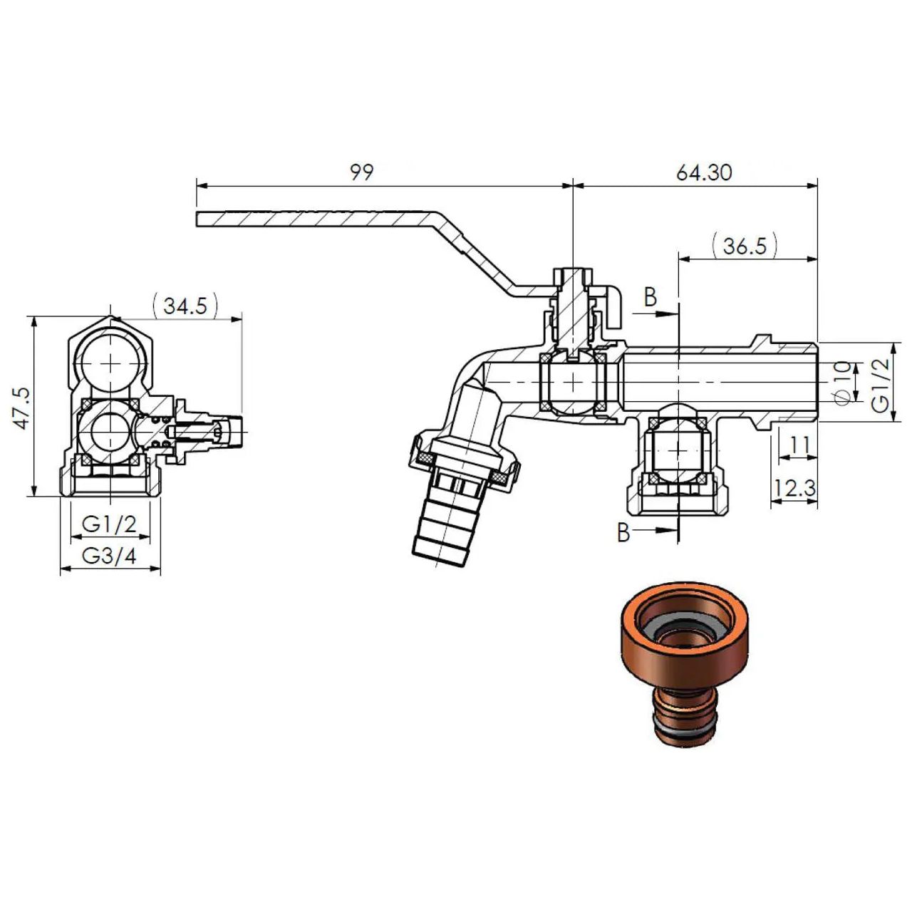 Garden Valve Double Outside Tap Red Handle 1/2 x 3/4 x 3/4 Garden Taps / Valves