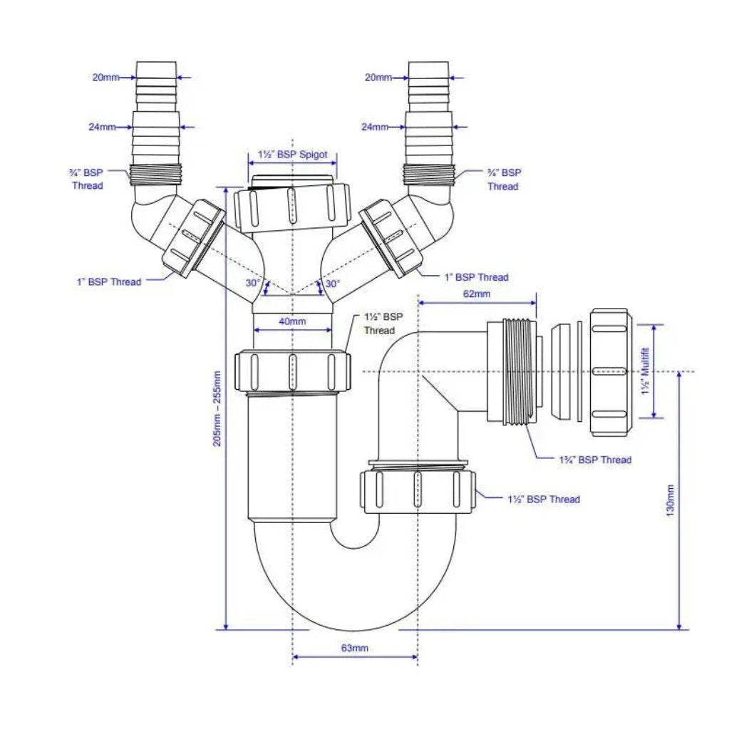 WM11 McAlpine double appliance trap with 75mm seal - Kitchen Sink Waste Traps