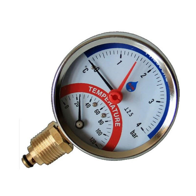 AIM Bottom Entry Temperature and Pressure Gauge Thermomanometer 120C 1/2" BSP 80mm Dial 