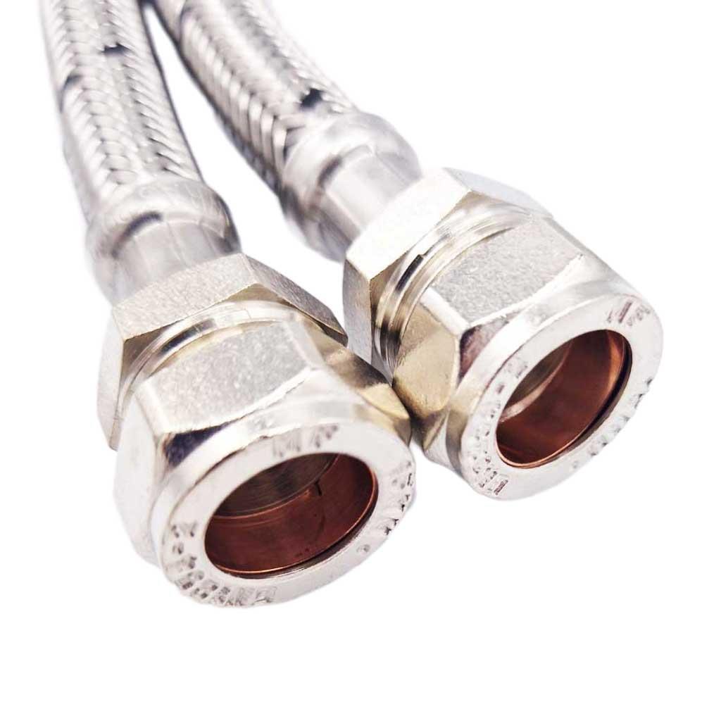 Pair Of Flexible Hose Pipes Connectors Tails 15mm x 15mm Compression WRAS - plumbing4home, A905a, A905b