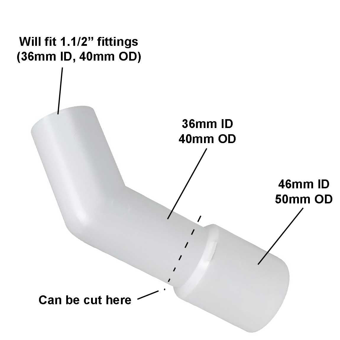 1 1/2" x 40/50mm OD Waste Trap Outlet Pipe Reducer Adaptor Angled