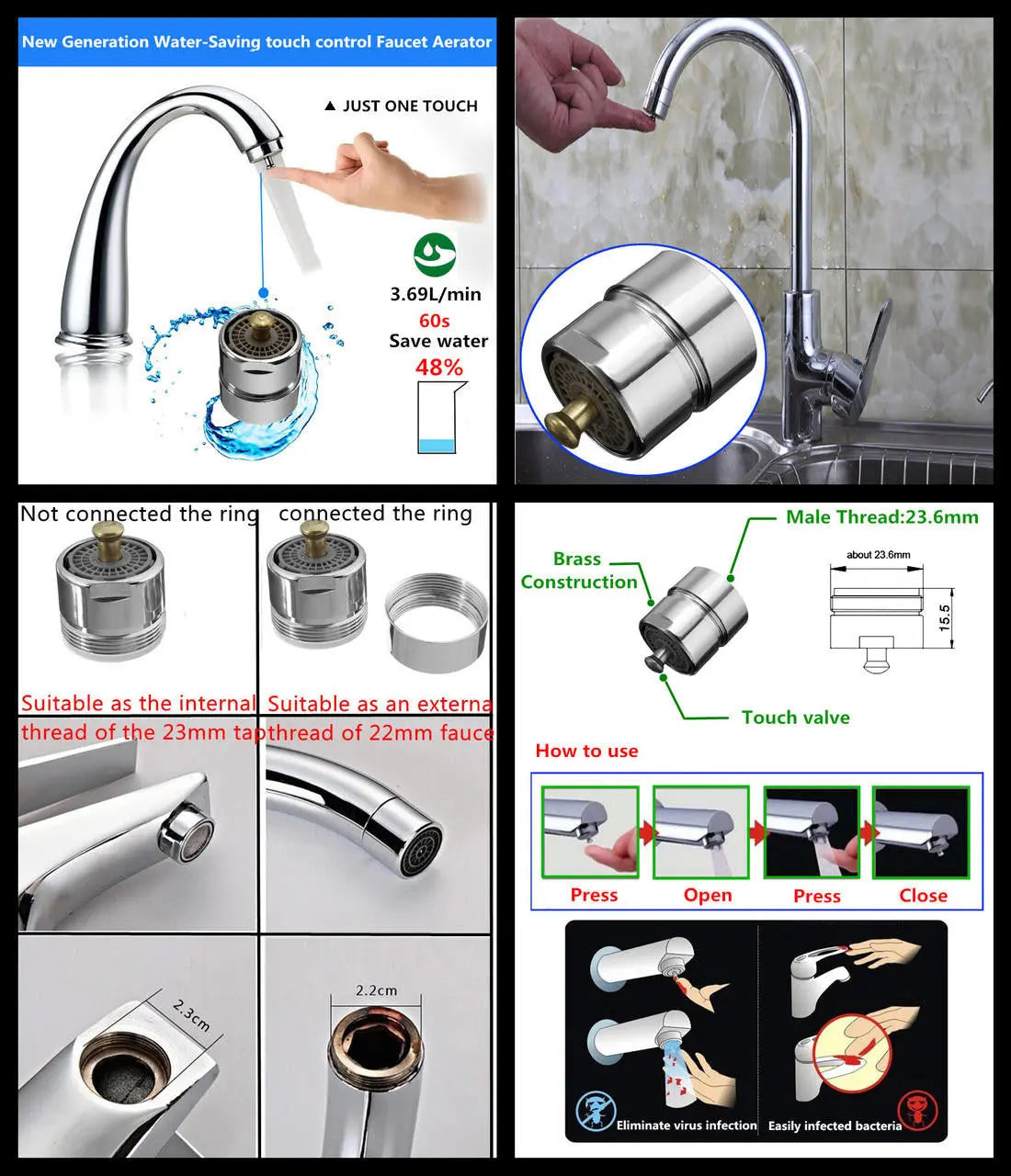 One Touch Control Faucet Tap Aerator Water Saving 24mm Male/22mm Female 4l/min