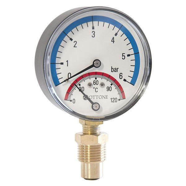 Ottone Thermometer Pressure Gauge 1/2" BSP Bottom Entry Thermomanometer 80mm Dial 