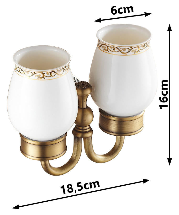 PEPTE Bathroom Ceramics Double Toothbrush Tumbler Holder Wall Mounted Antique Brass 