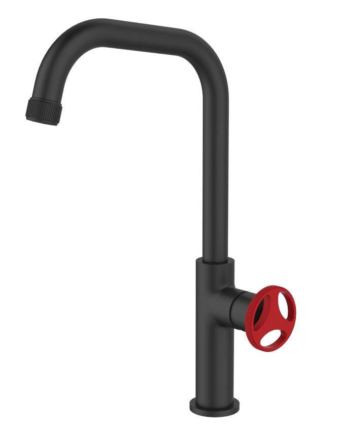 Sea-Horse Kitchen Mixer Tap Sink Faucet Black Finishing with Red Handle Industrial Design 